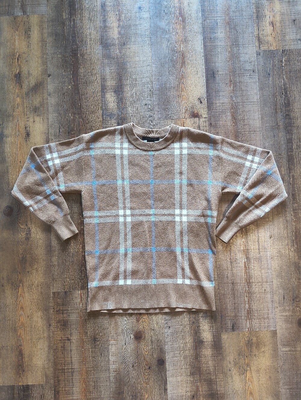 Tahari Tan White Blue Striped Plaid Crewneck Long Sleeved Fall Sweater Size S